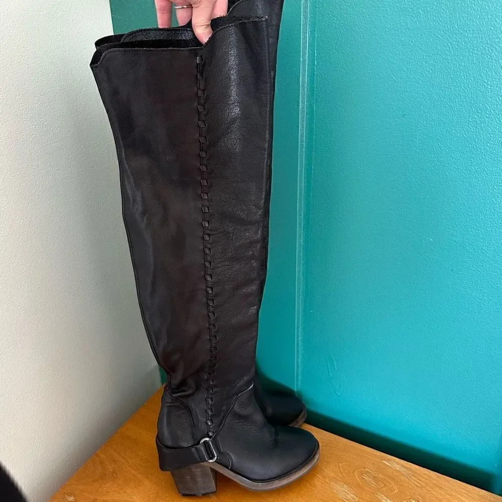 Free People Women’s Auburn Black Leather Over The Knee Whipstitch Detail Boot